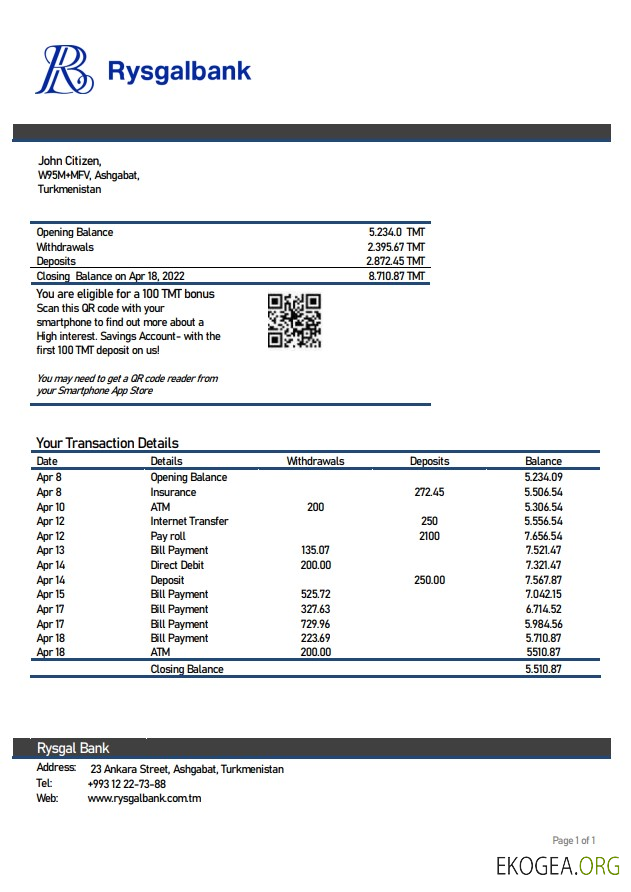 Relevé bancaire du Turkménistan Rysgal